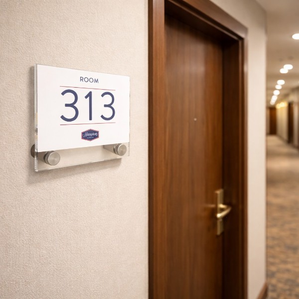 Moderne kliritne oznake za vrata sa efektom stakla. Laka izmena natpisa i komplet sa nosačima za profesionalnu signalizaciju.