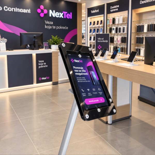 Podni stalak za tablet visine 120 cm sa stabilnom metalnom konstrukcijom i sigurnim držačem. Idealan za prodavnice, sajmove i poslovne prostore.