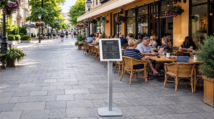 Rotirajuća samostojeća info tabla sa A4 klik-klak ramom idealna je za menije, cjenovnike i obavještenja u restoranima, hotelima i prodajnim objektima.